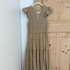 Christy Dawn Tan Flutter Sleeve Smocked Maxi Dress